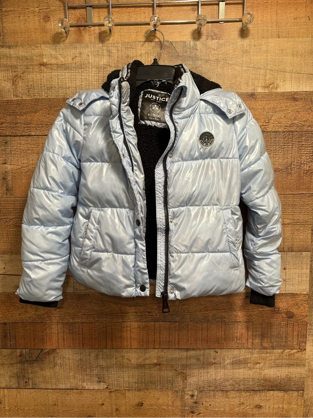 Justice Girls Puffer Coat Size 7/8 Shiny Blue Sherpa Lined Hooded Jacket K020